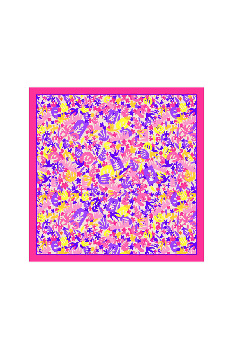 Colorful patterned scarf with pink, yellow, and blue colors on a white background